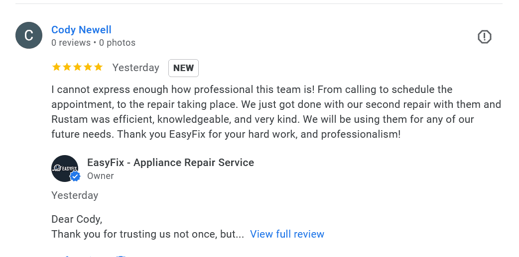 customer review for EasyFix GE dryer repair in Vancouver WA