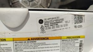 GE dryer model GFD45ESSM0WW serial number label Beaverton OR