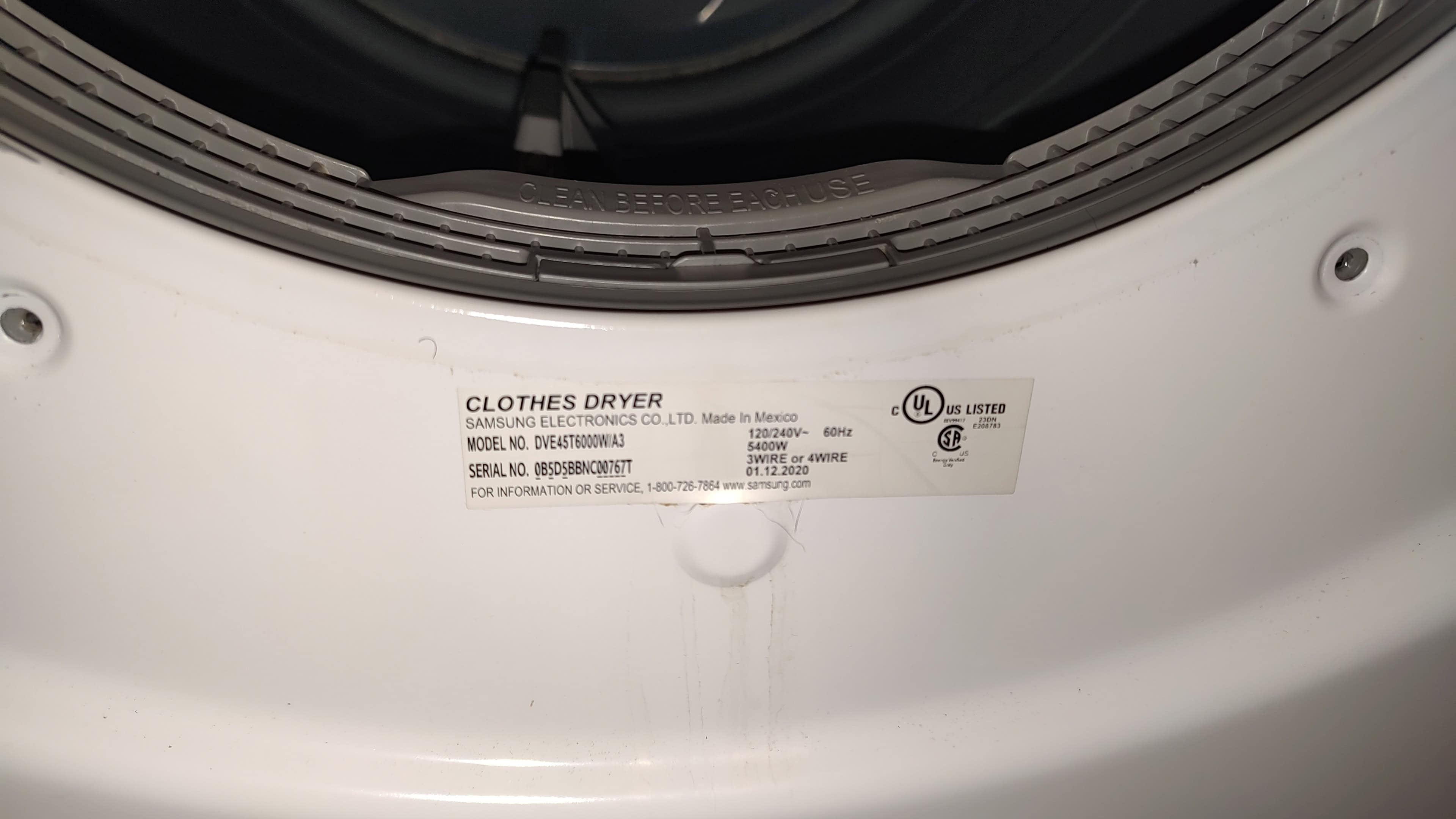 Samsung dryer model DVE45T6000W A3 label in Vancouver WA
