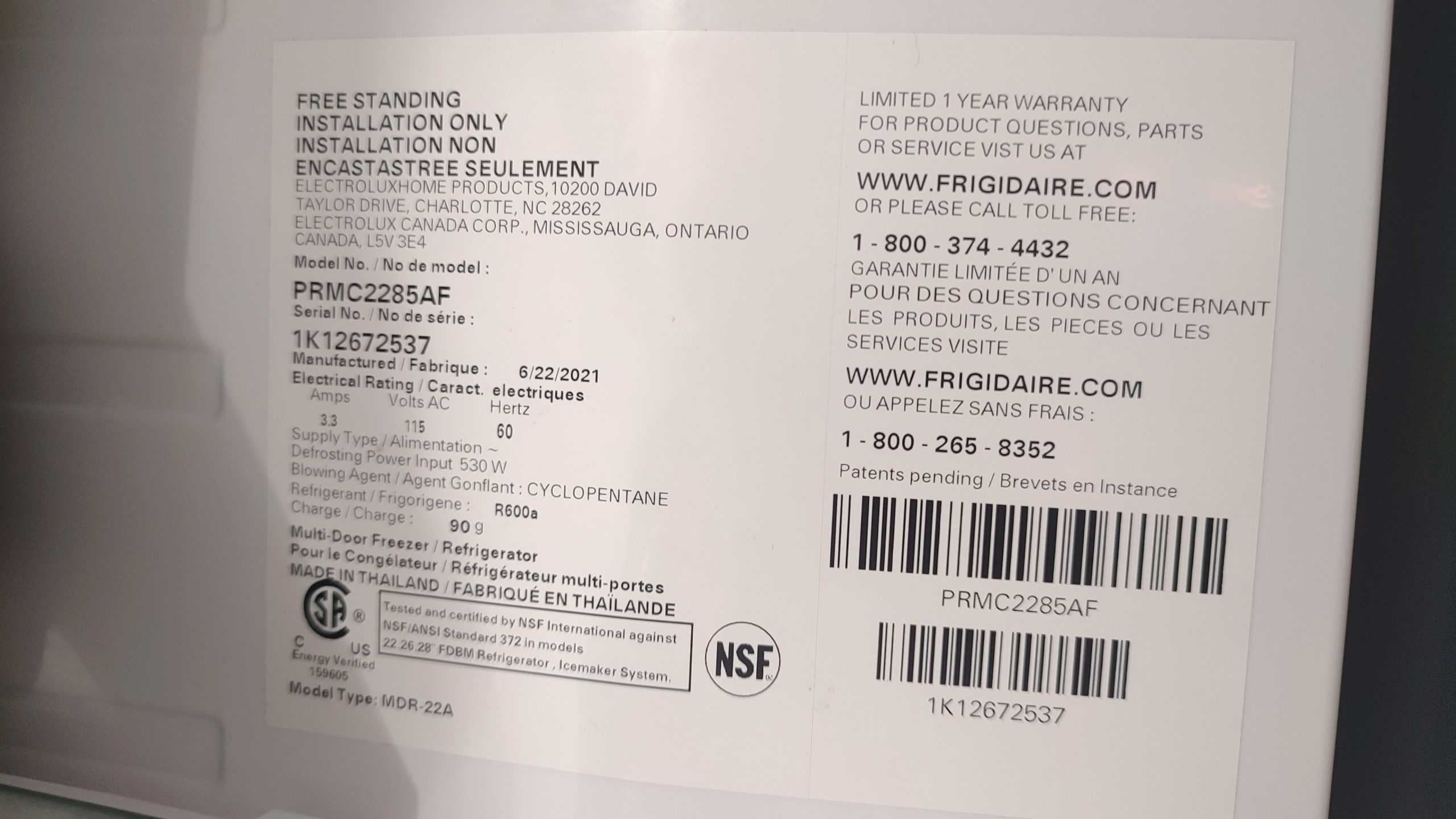 Frigidaire PRMC2285AF serial label showing R600a refrigerant specification