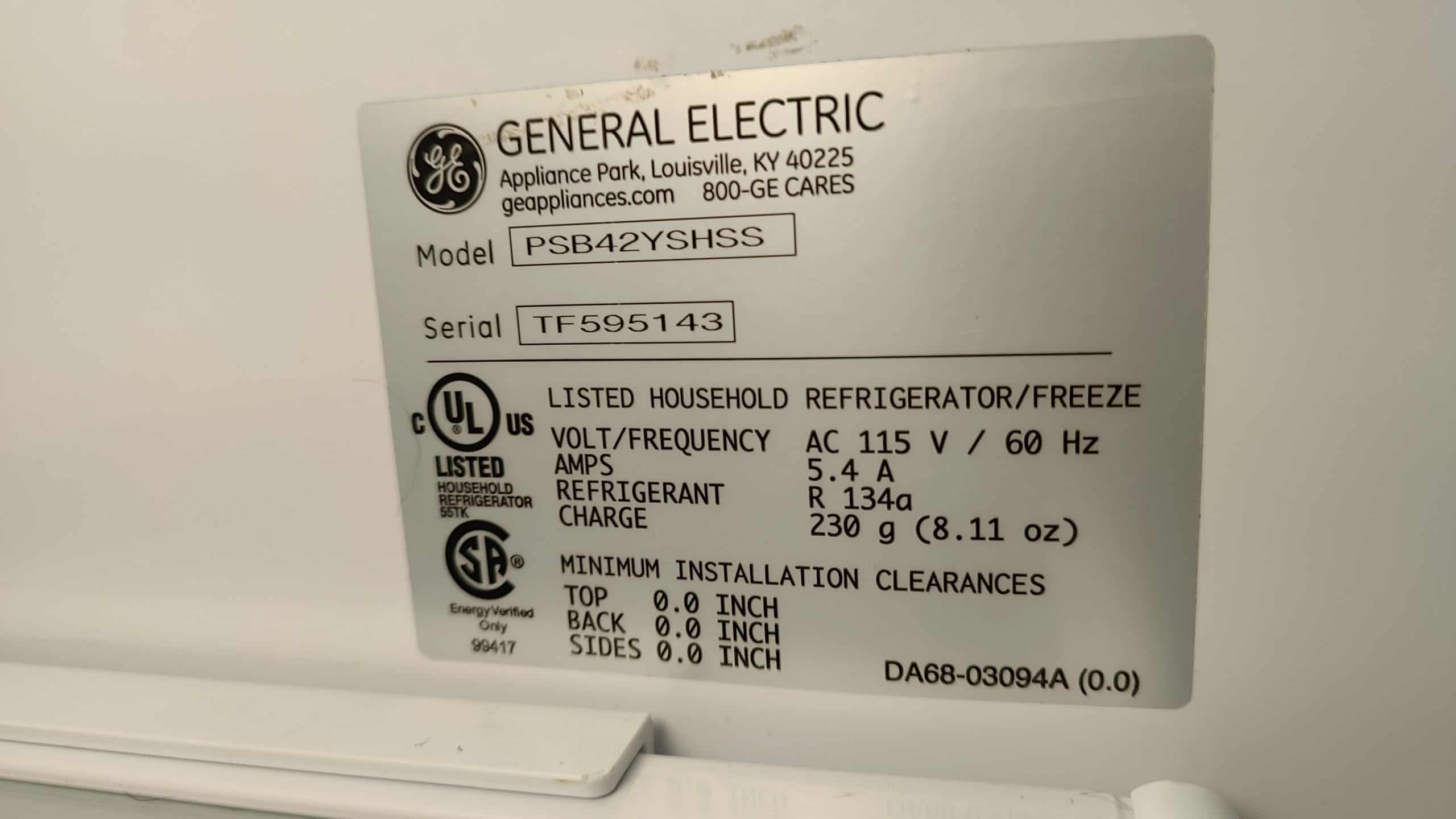 GE PSB42YSHSS model number on the refrigerator nameplate