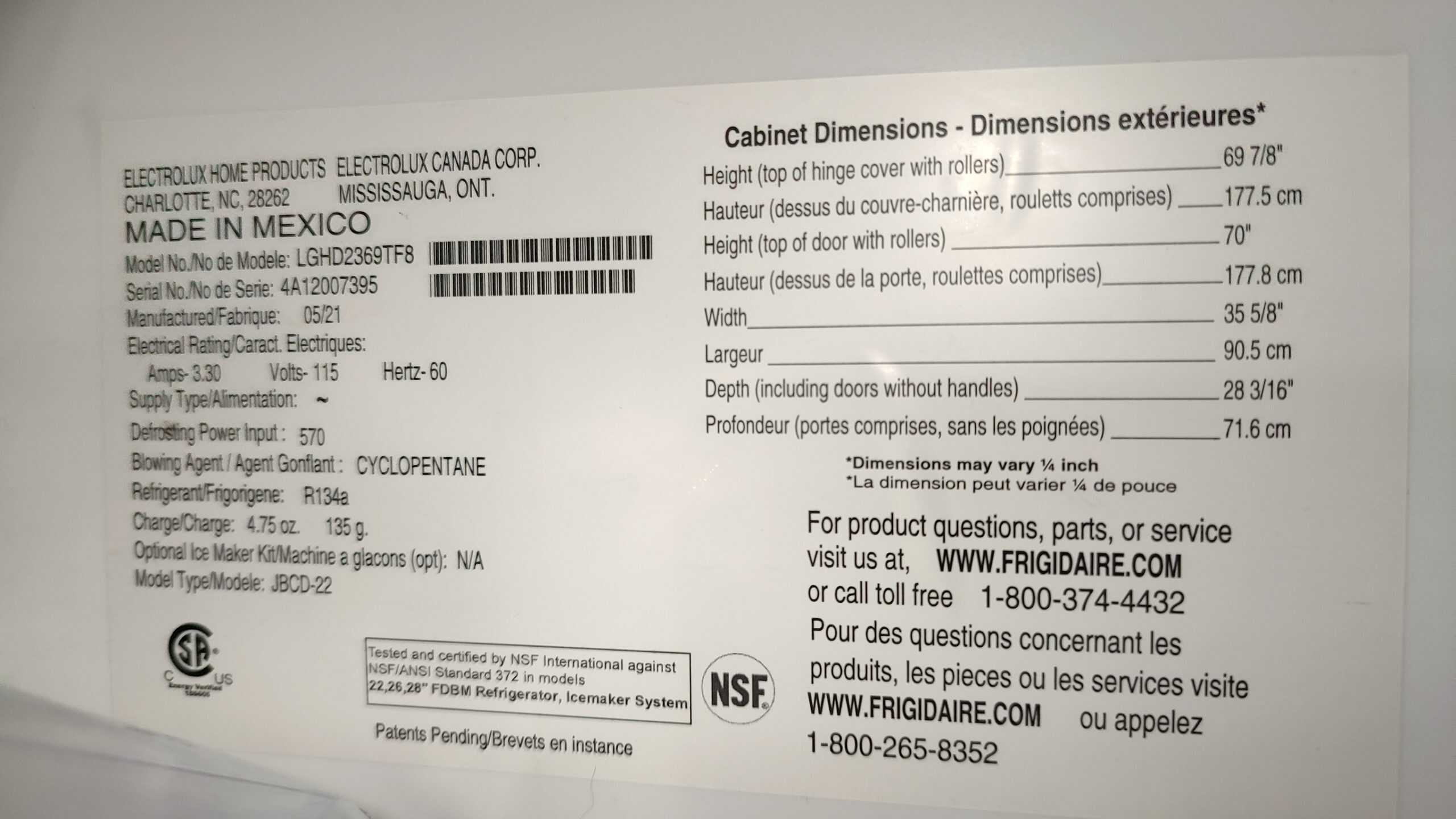 Frigidaire LGHD2369TF8 model tag - refrigerator repair Vancouver