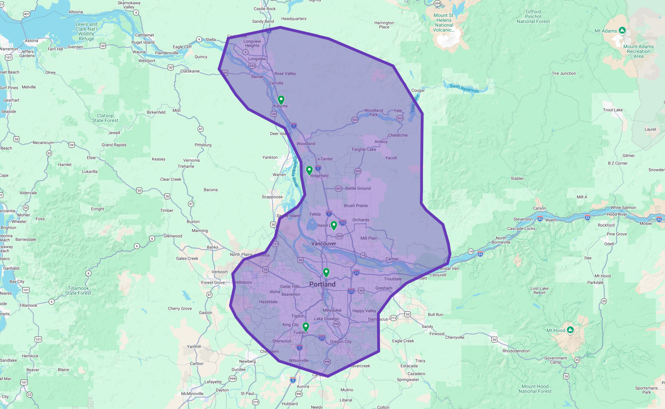 EasyFix appliance repair service area map covering Ridgefield, Vancouver, Clark County, Cowlitz County, and Portland metro area