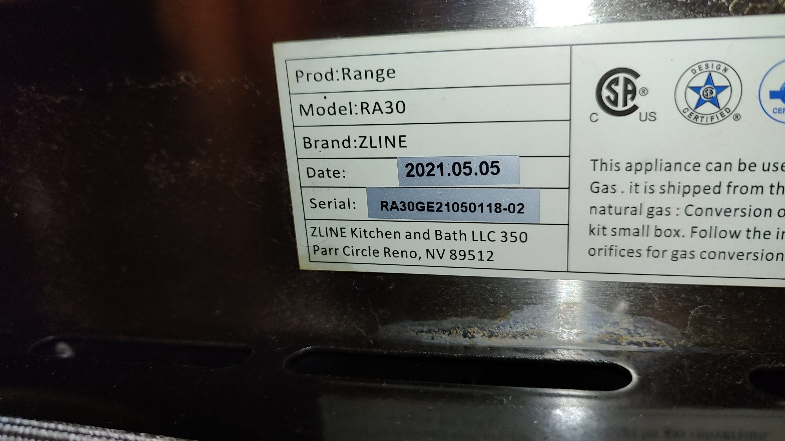 ZLINE RA30 range brand label model and serial number