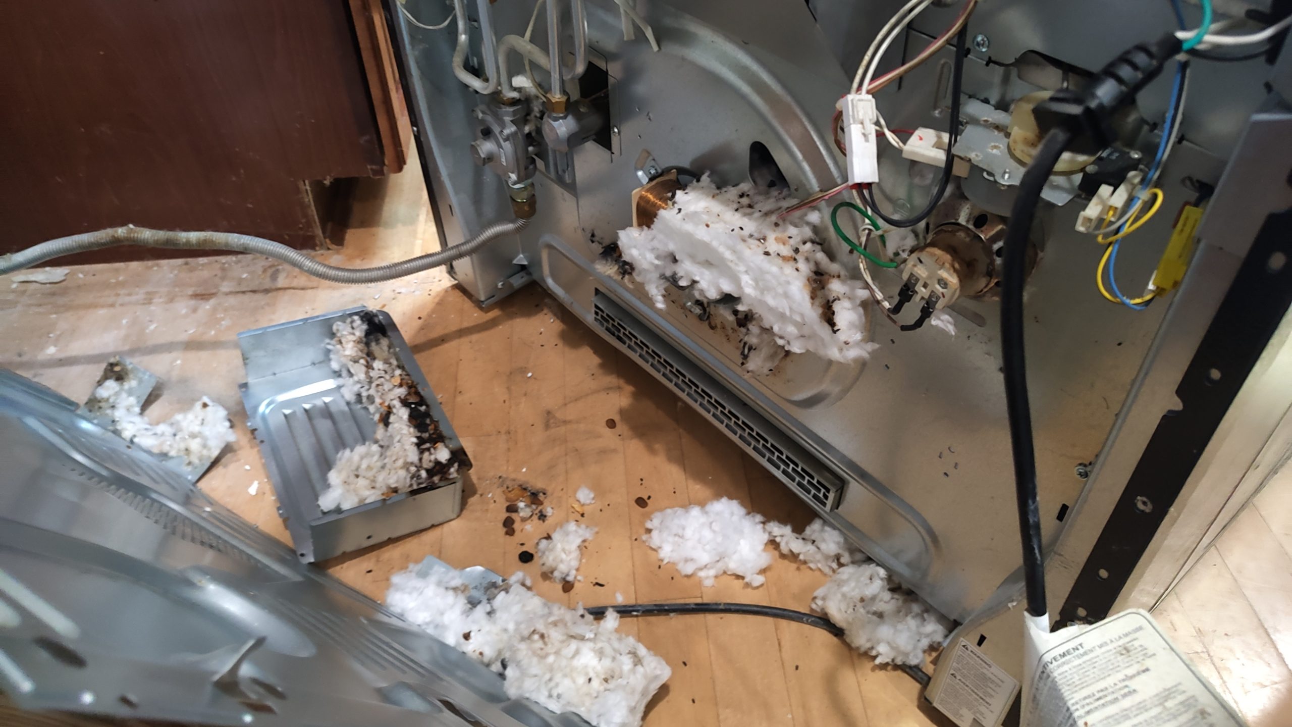 Rodent-damaged insulation inside LG gas range during oven repair in Camas WA