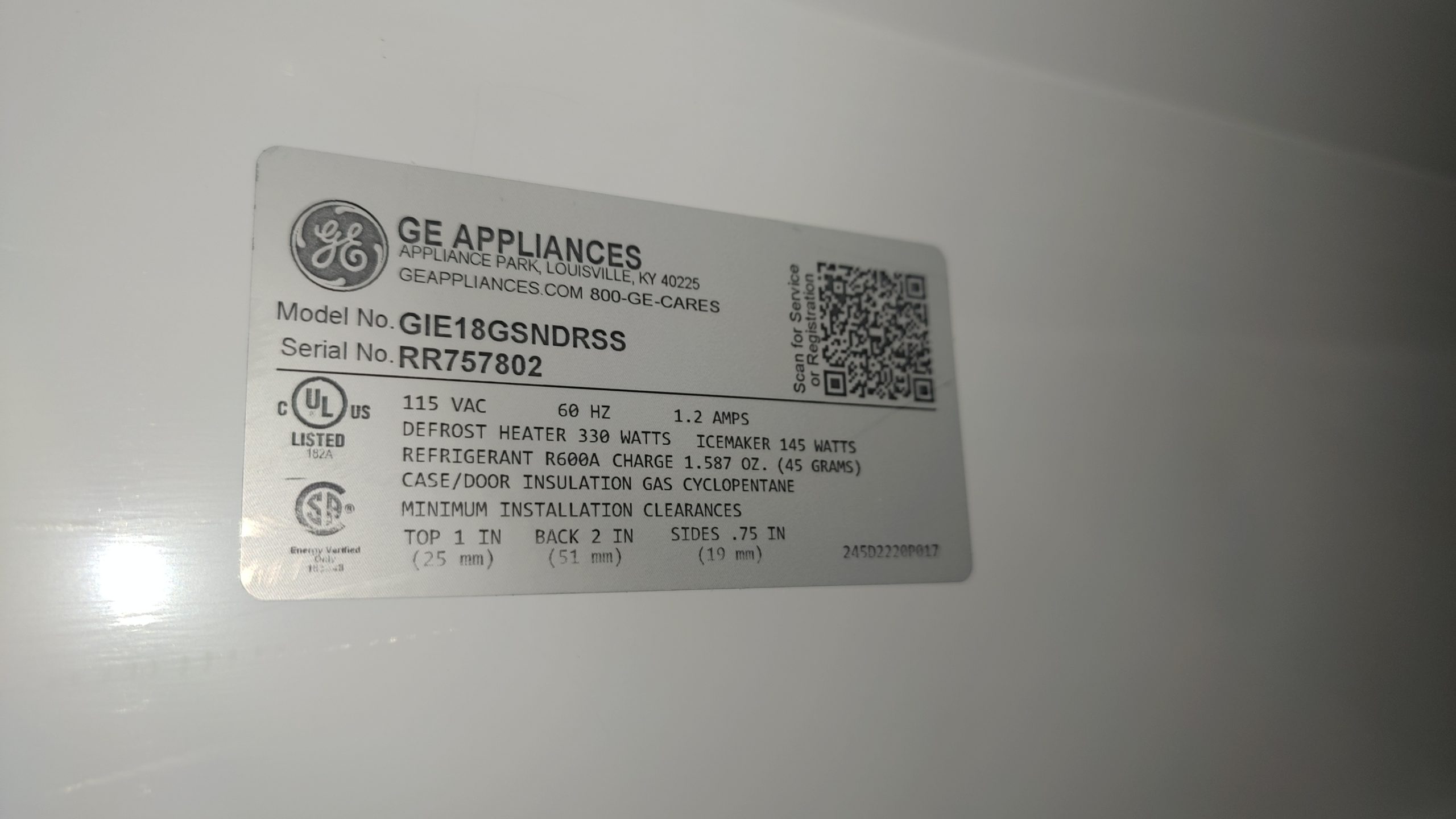 GE Refrigerator Completely Dead — A Power Wire Broke Inside the Cabinet 1 GE GIE18GSNDRSS refrigerator model and serial label